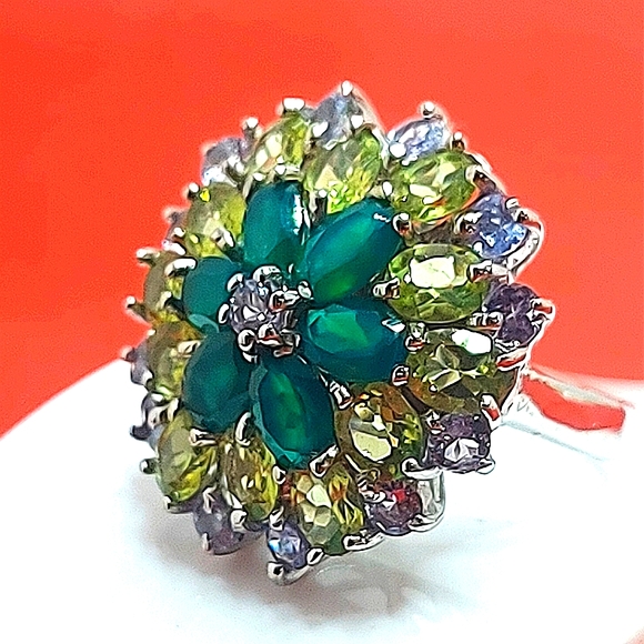 Natural Aventurine 6x4mm, Peridot, Tanzanite 925 Sterling‎ Silver Ring Size 6.75 - Picture 1 of 10